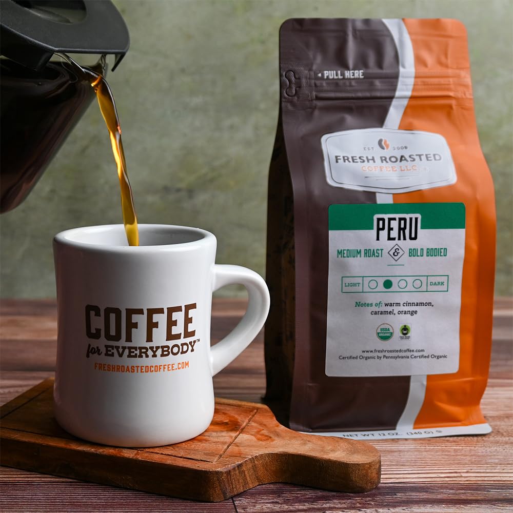 Fresh Roasted Coffee, Organic Peru | Mold & Myco 3rd Party Tested, USDA Organic, Kosher | Med Roast 12 oz Whole Bean