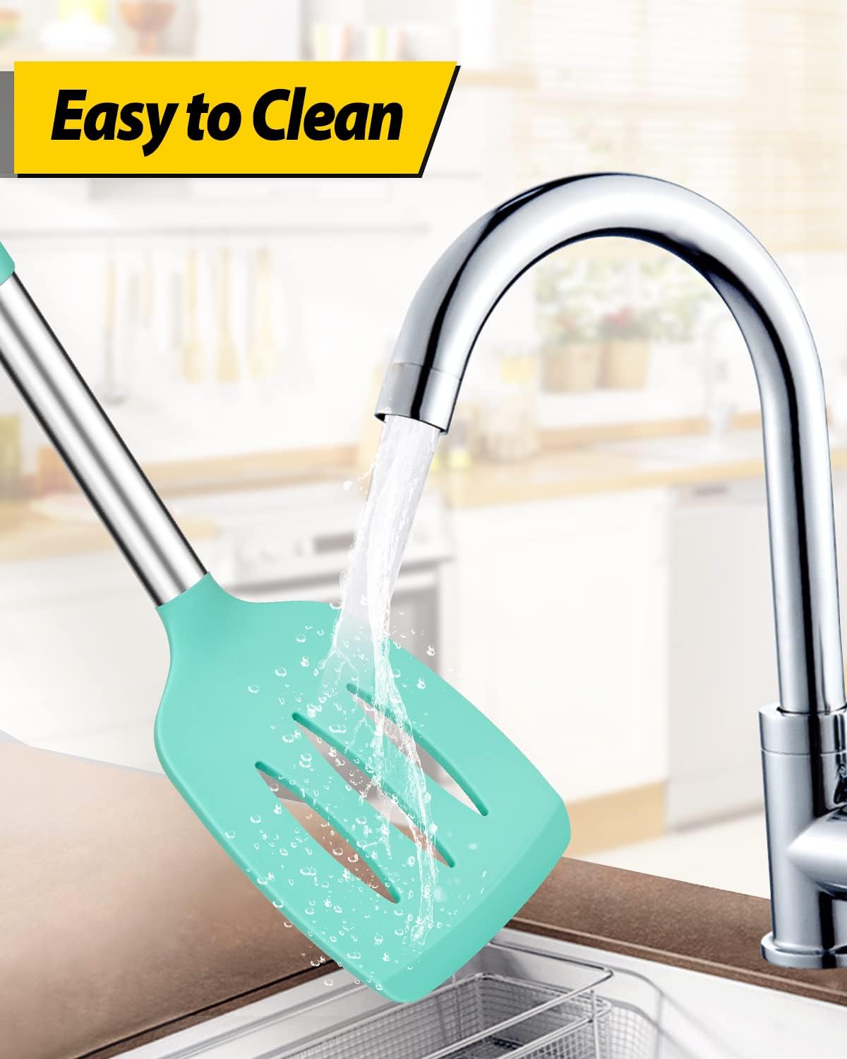 Pack of 4 Silicone Cooking Utensils Set, Non Stick Large Solid Spatulas, Heat Resistant Blue Slotted Spoons, Ideal BPA Free Kitchen Turners for Frying, Mixing,Serving,Draining,Turning,Stirring