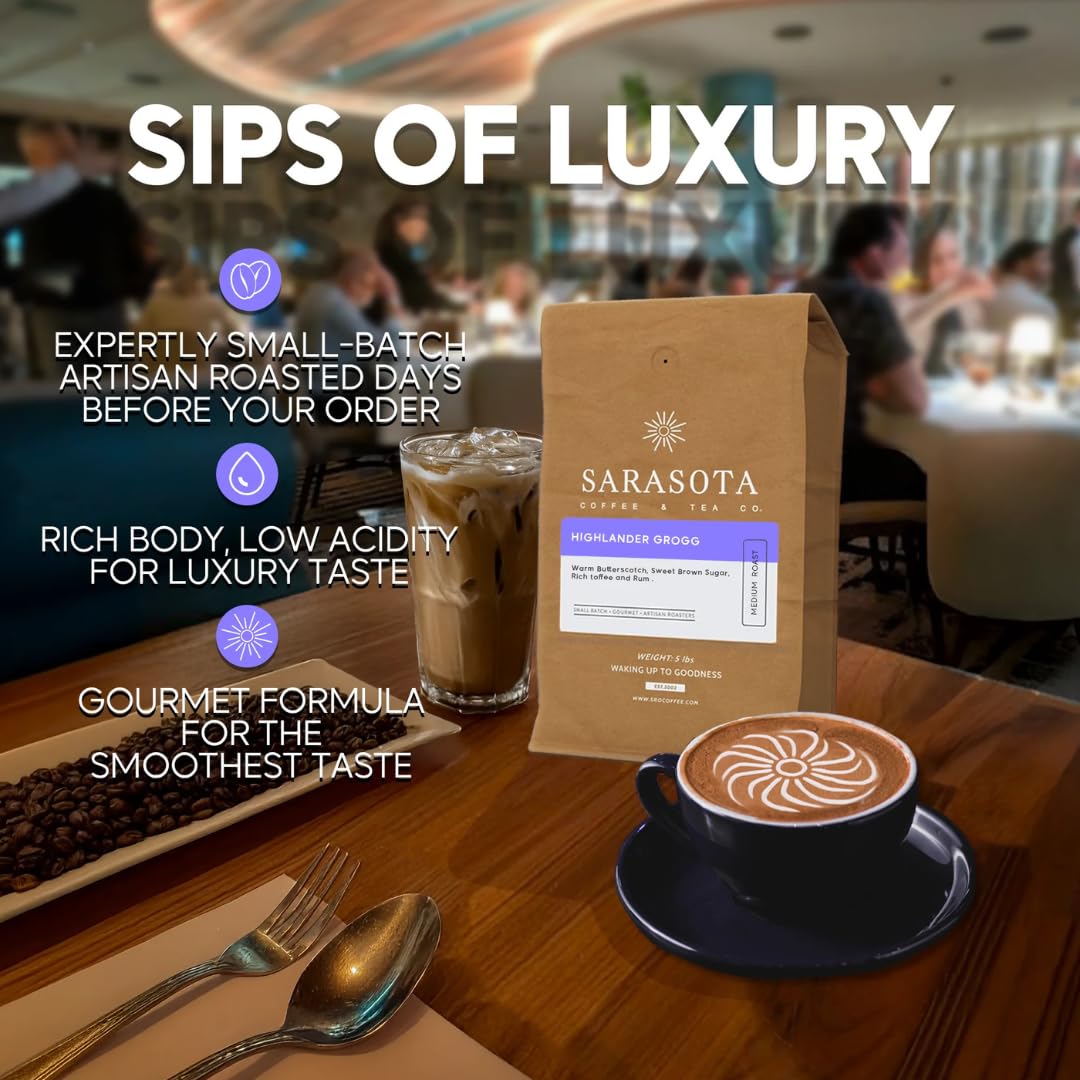 Sarasota Coffee Whole Bean Highlander Grogg | Medium Roast Gourmet Flavored Coffee Beans | Low Acid, Mold Free, Specialty Grade Flavored Bulk Beans | 5lb (80 oz)