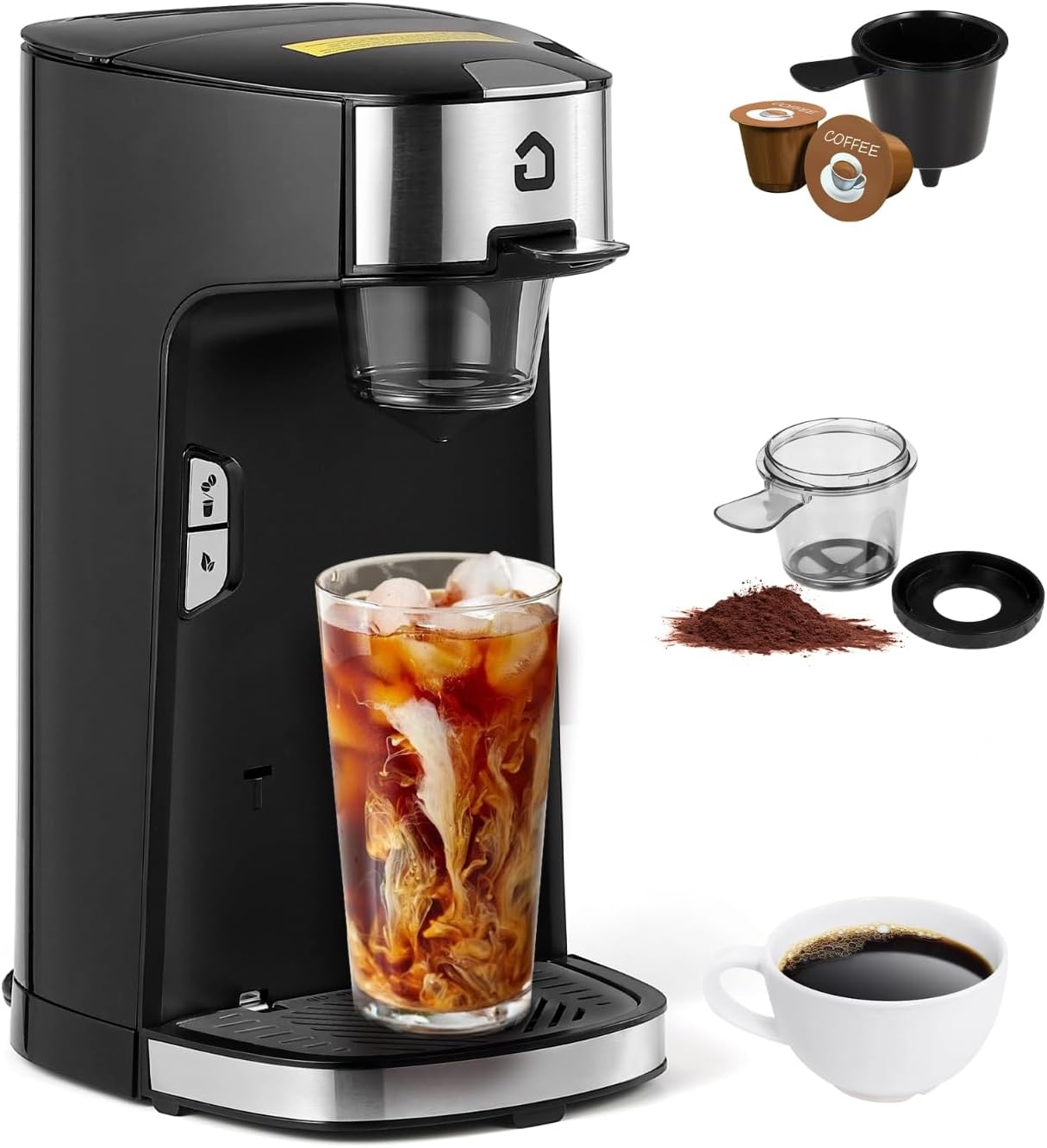 Compatible Coffee Maker with Hot and Cold Brewing, 120V 1300W Single Serve Machine with Scoop Filter for Ground Coffee and Tea, Black