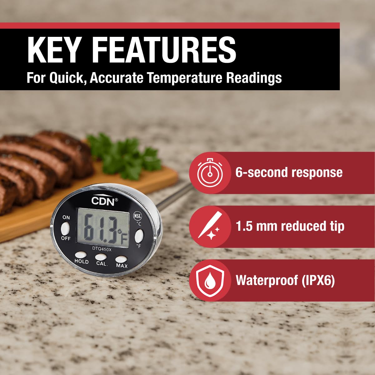 CDN Thin Tip Thermometer | ProAccurate®, 4.75" Stem, Digital, Hold, Max, Waterproof, NSF Certified, Ideal for Cooking, Brewing - DTQ450X