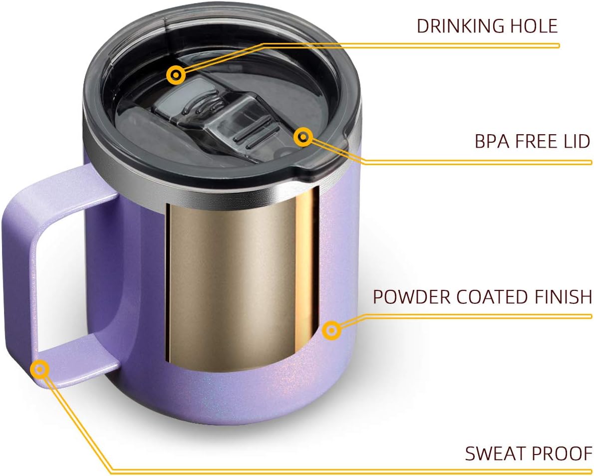 ALOUFEA 12oz Stainless Steel Insulated Coffee Mug with Handle, Double Wall Vacuum Travel Mug, Tumbler Cup with Sliding Lid, GLITTER LAVENDER