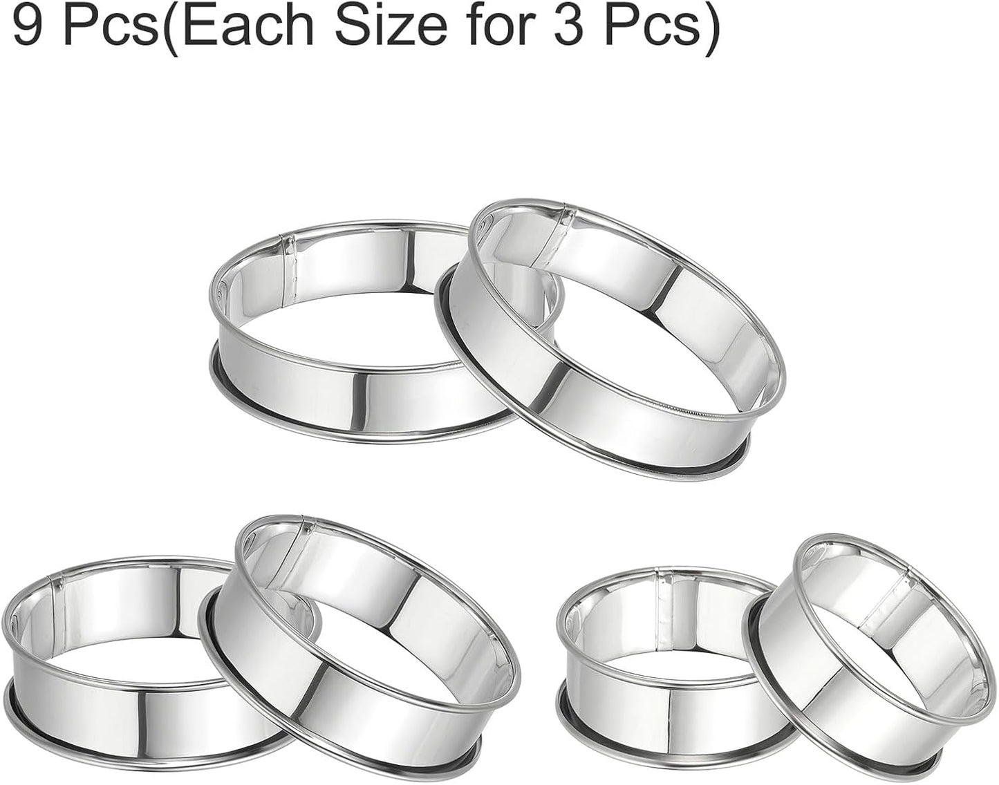 HARFINGTON 9pcs Crumpet Rings 2.36" 3.15" 3.94" Nonstick Round Cake Ring Stainless Steel Double Rolled English Pastry Rings for Kitchen Baking Crumpet Dessert, Silver