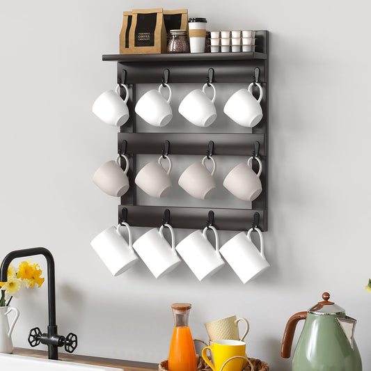 Mug Rack Wall Mounted, Coffee Cup Holder, Bamboo Mug Shelf with 12 Hooks for Home Kitchen Display and Collection