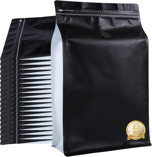 New 2.5 KG Large Capacity Coffee Bags with Valve (50 PCS) Black Sides White High Barrier Aluminum Foil Flat Bottom Standing Coffee Beans Storage Packaging Bags, Reusable Heat Seal Side Zipper Pouches