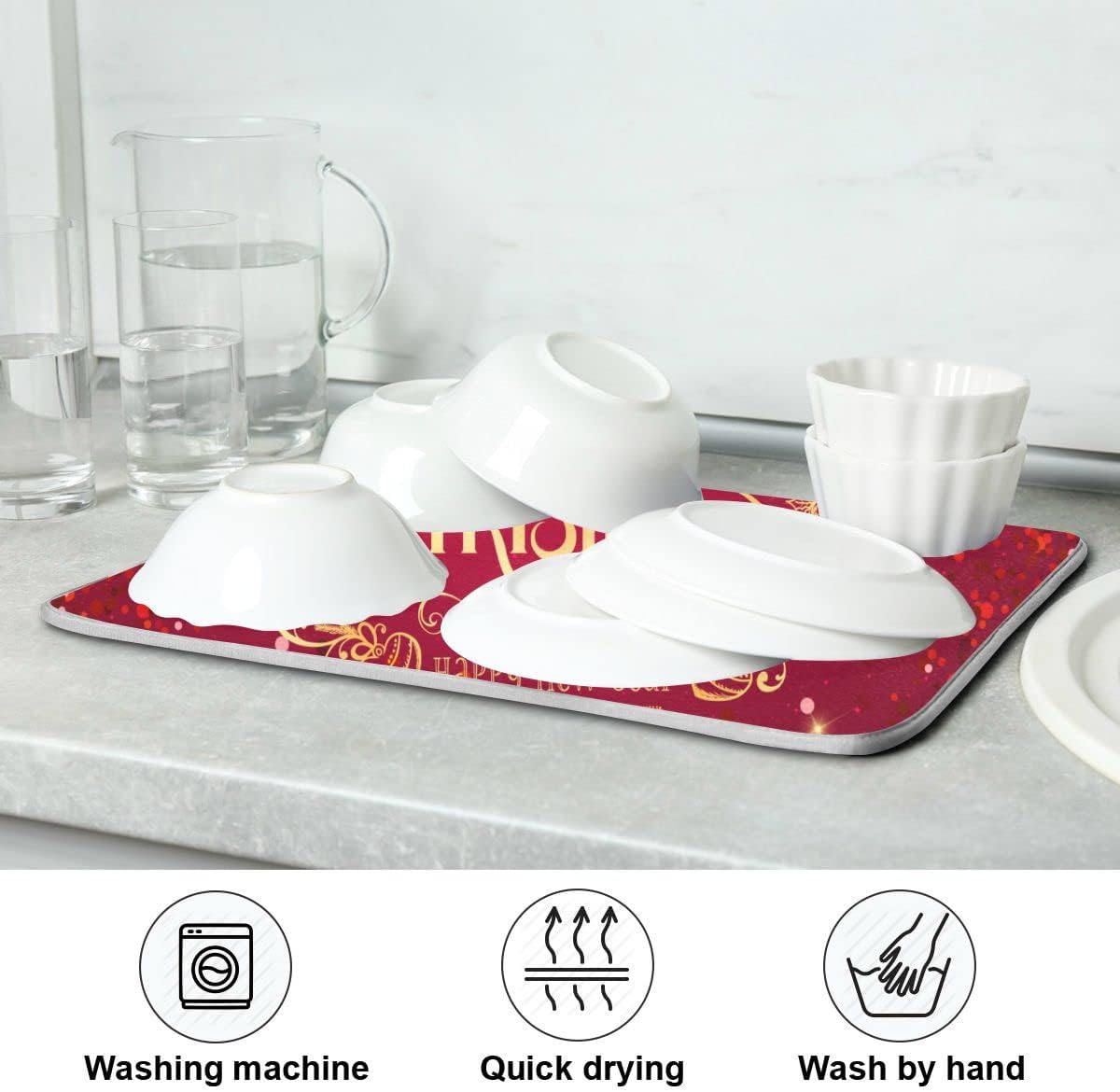 Merry Christmas Drying Mat for Kitchen Counter 16x18 Inch Christmas Dish Mat with Absorbent Reversible Microfiber Christmas Dish Drying Mat Dish Drainer Rack Pad Drainer Mat for Coffee Bar