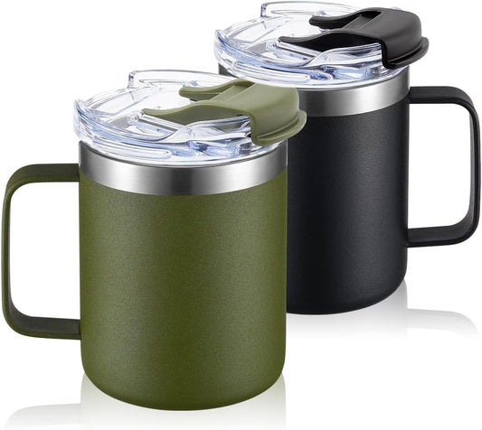 ALOUFEA 12oz Stainless Steel Insulated Coffee Mug with Handle, Double Wall Vacuum Travel Mug, Tumbler Cup with Fliping Lid, Black and Army Green