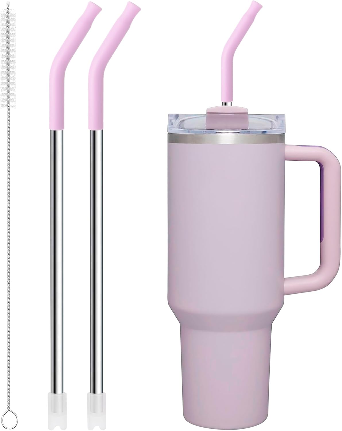 Snowfall Metal Straw for Stanley 30 OZ, 2 Pcs Reusable Long Stainless Steel Drinking Straws with Silicone Tip, 1 Straw Brush, BPA Free (Purplish Pink)