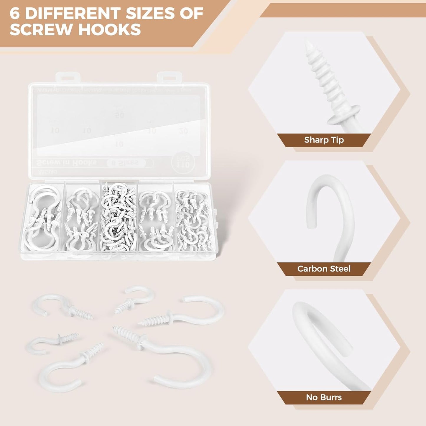 RELBRO Screw Hooks, 6 Sizes Metal Screw in Cup Hooks, 1/2 Inch, 5/8 Inch, 3/4 Inch, 7/8 Inch, 1 Inch, 1-1/4 Inch, White, 110 Pcs