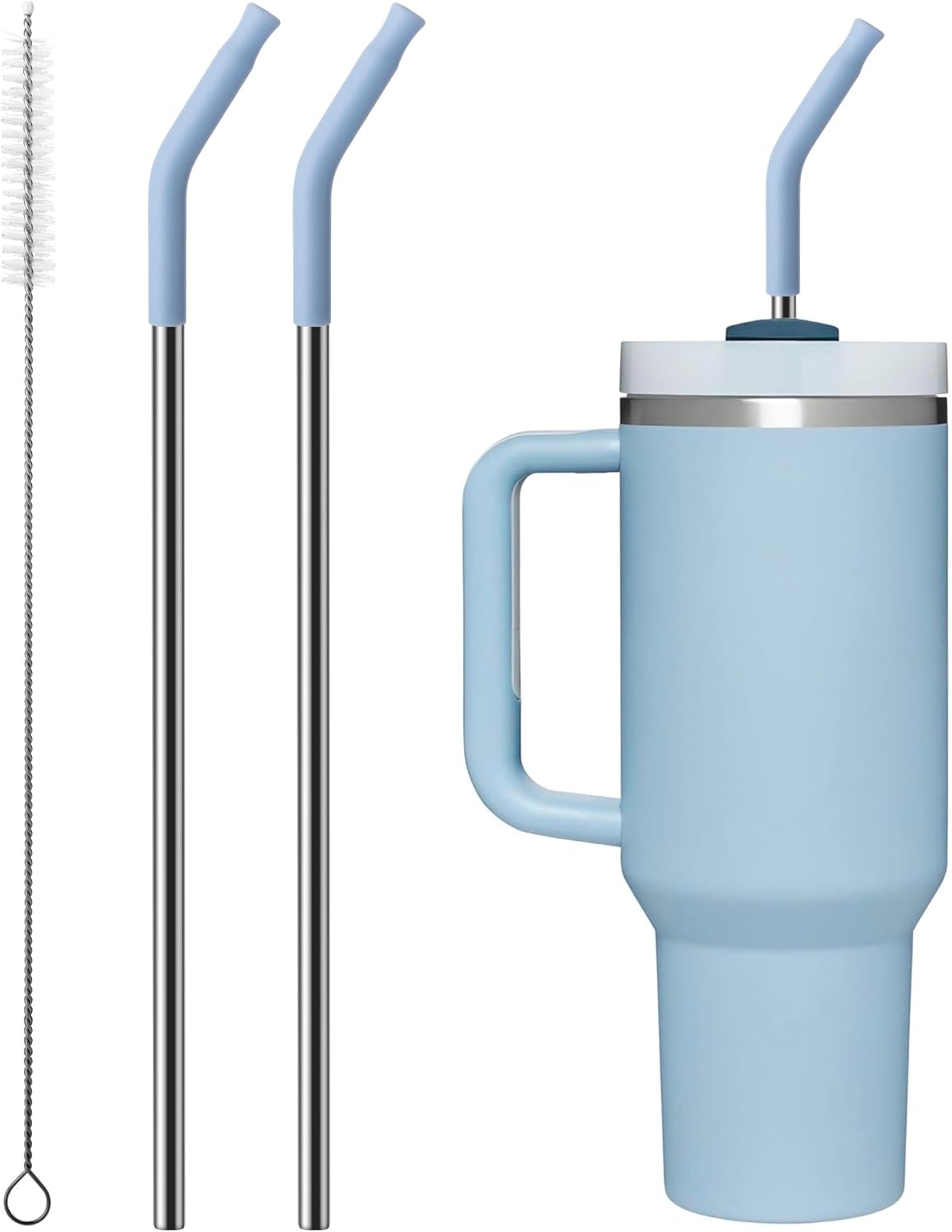 2 Pcs Stainless Steel Straws for 40 oz Stanley Tumbler, Replacement 40 oz Stanley Cup Straw Accessories with Silicone Tips and Cleaning Brush (Light Blue)