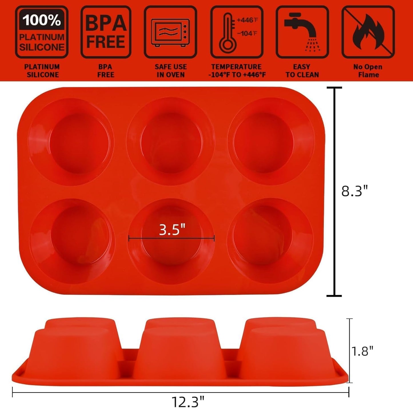 Silicone Jumbo Muffin Pan, 3.5 Inch Silicone Texas Muffin Pan 6 Cup Large Cupcake Pan Nonstick BPA Free 2 Pack Red