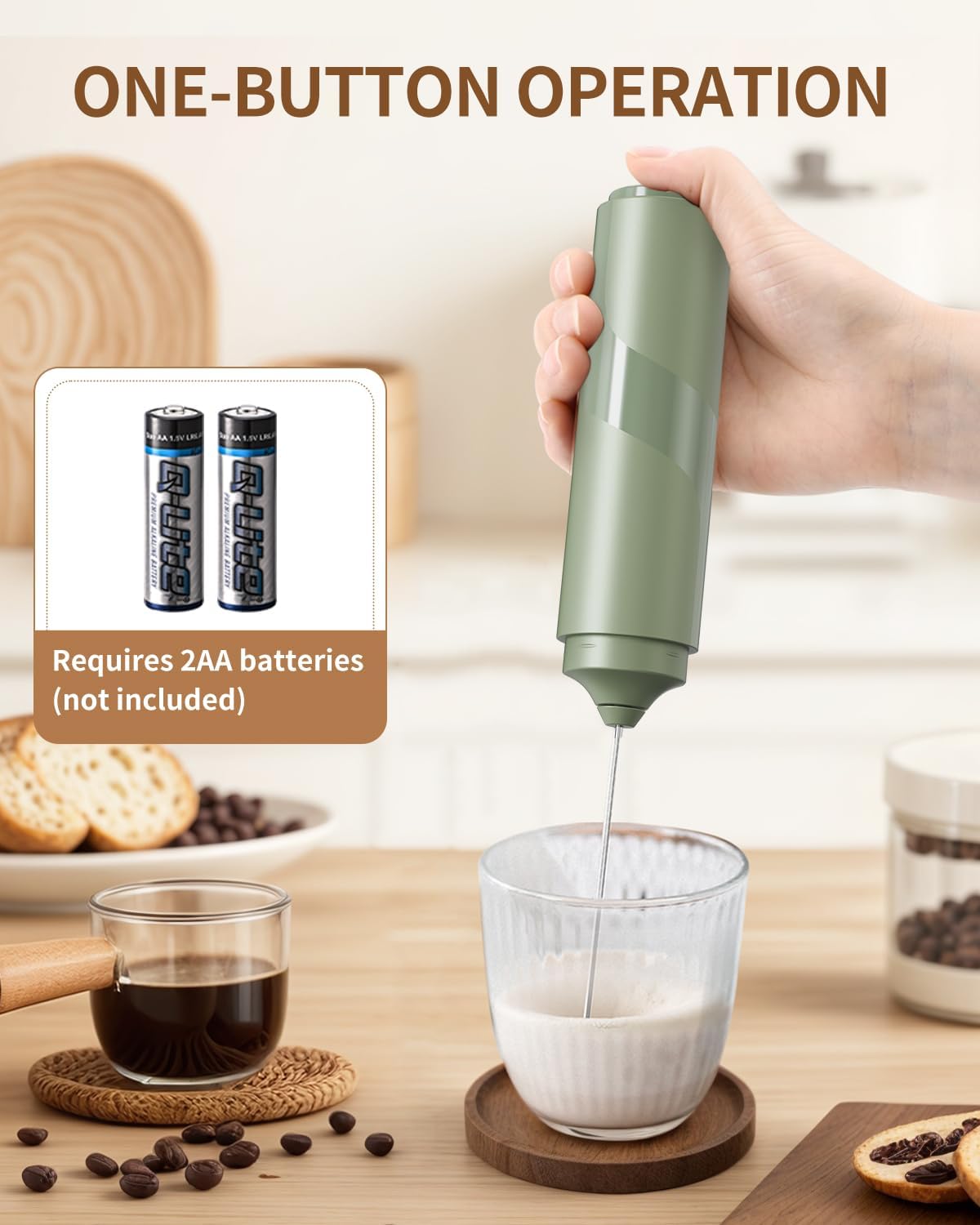 CIRCLE JOY Portable Milk Frother Hanheld, Battery Operated Electric Coffee Frother Wand Drink Mixer for Matcha Lattes Cappuccino, Kitchen Gifts, Green