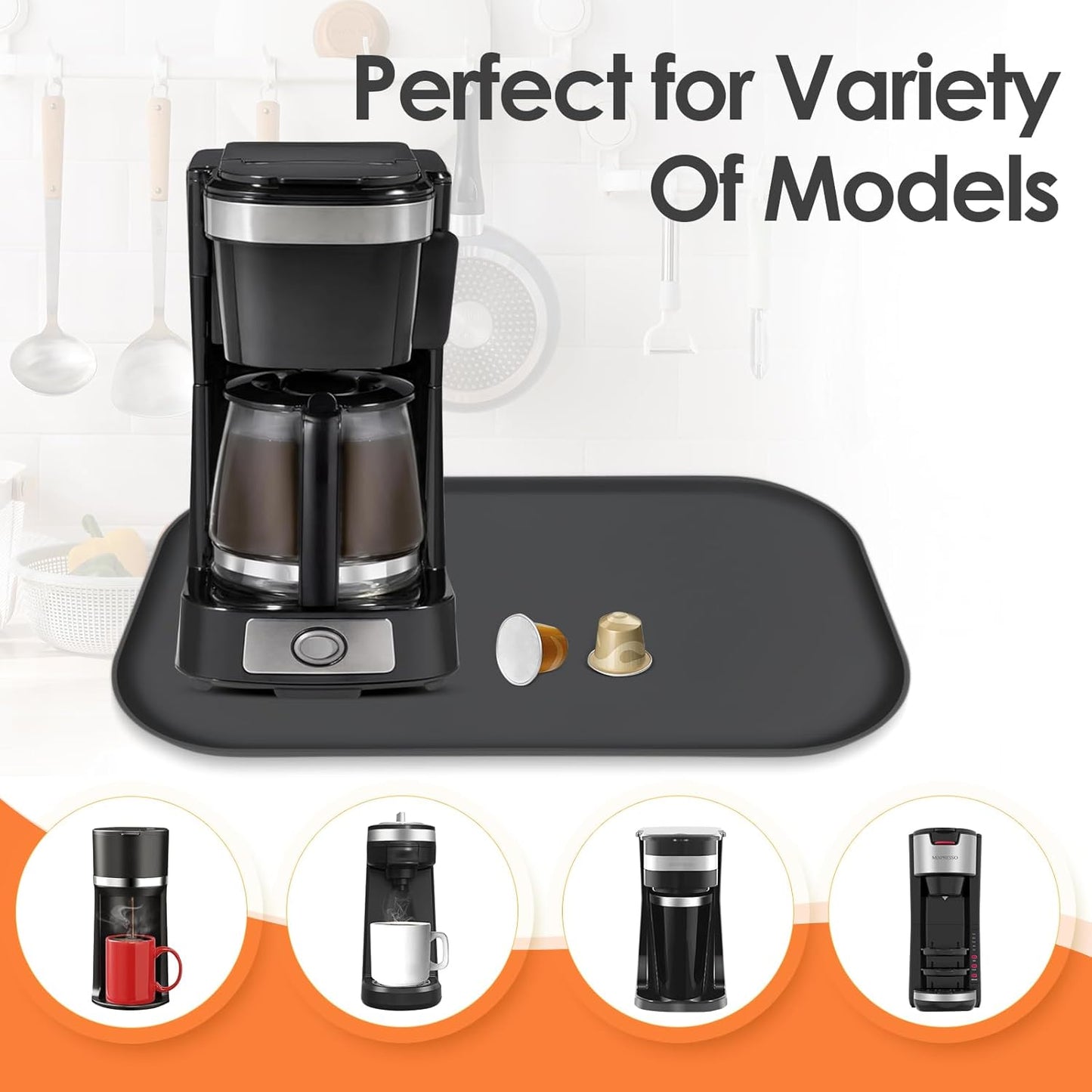 TOHONFOO Silicone Coffee Maker Mat with Lip, 17.4'' x 10.6'' Heavy Duty Coffee Maker Mat for Countertops, Coffee Tray Fit Under Coffee Machine Appliance Automatic Machines Espresso Accessory, Black