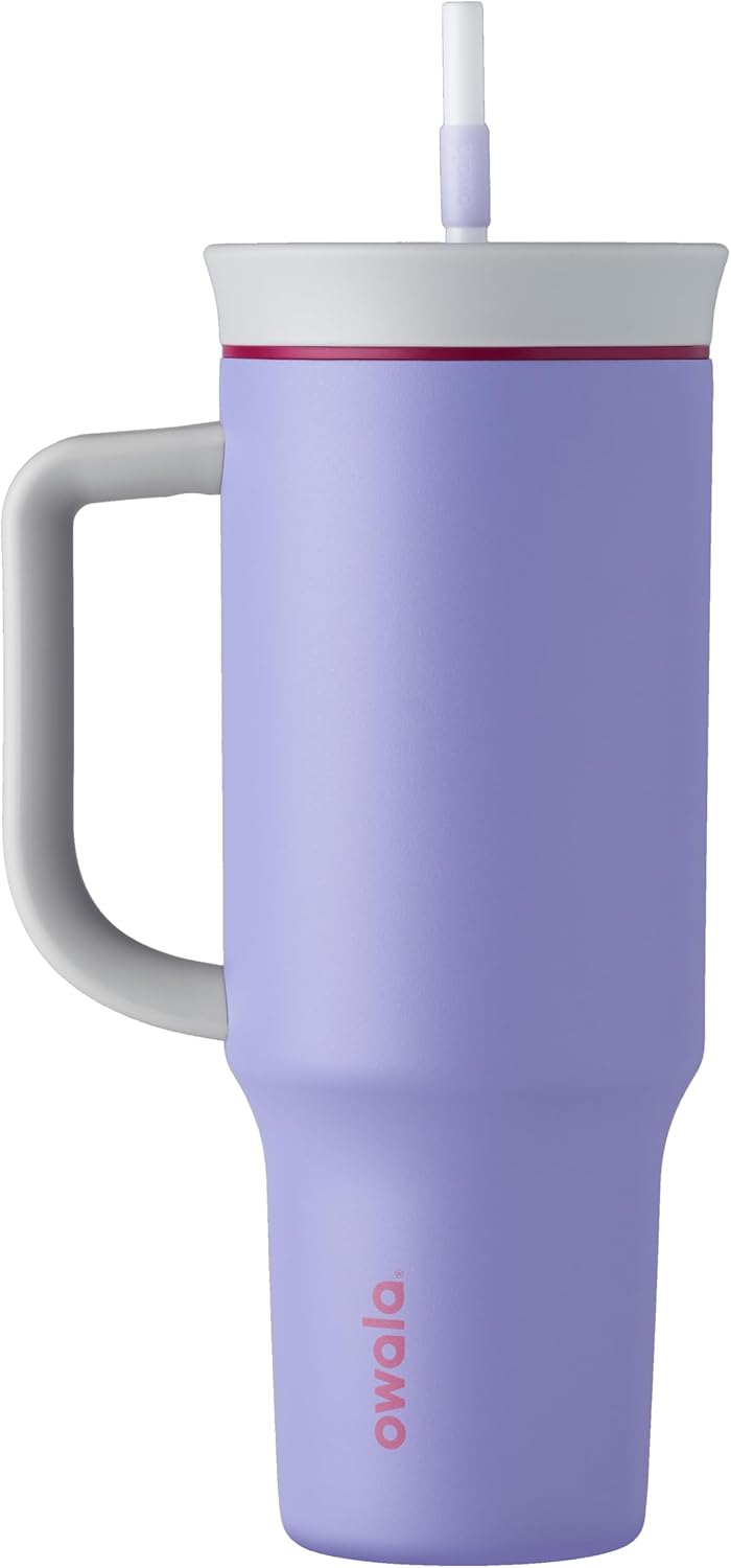 Owala Stainless Steel Triple Layer Insulated Travel Tumbler with Spill Resistant Lid, Straw, and Carry Handle, BPA Free, 40 oz, Light Purple (Whimsical Daydream)