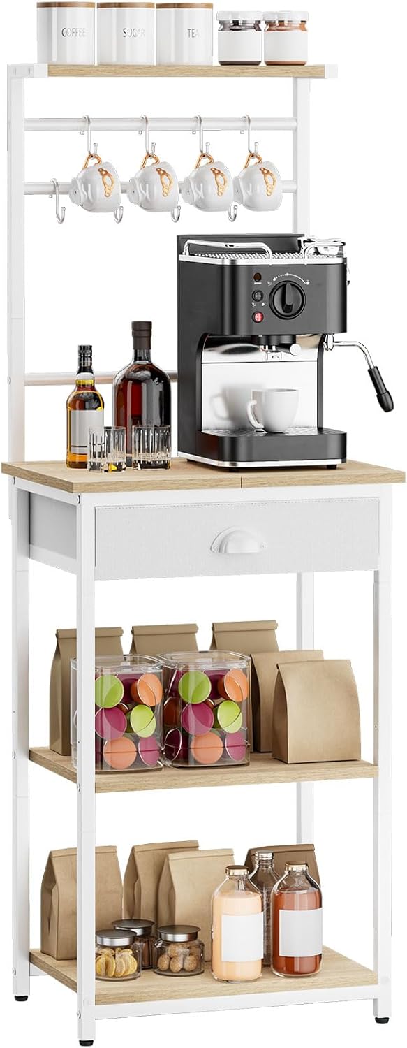 YMYNY 5 Tier Coffee Bar Station, Coffee Stand with Fabric Drawers, 8 S-Shaped Hooks, Corner Bar Cabinet, Height Adjustable, Bakers Rack for Kitchen, Living Room, Natural HBR009R