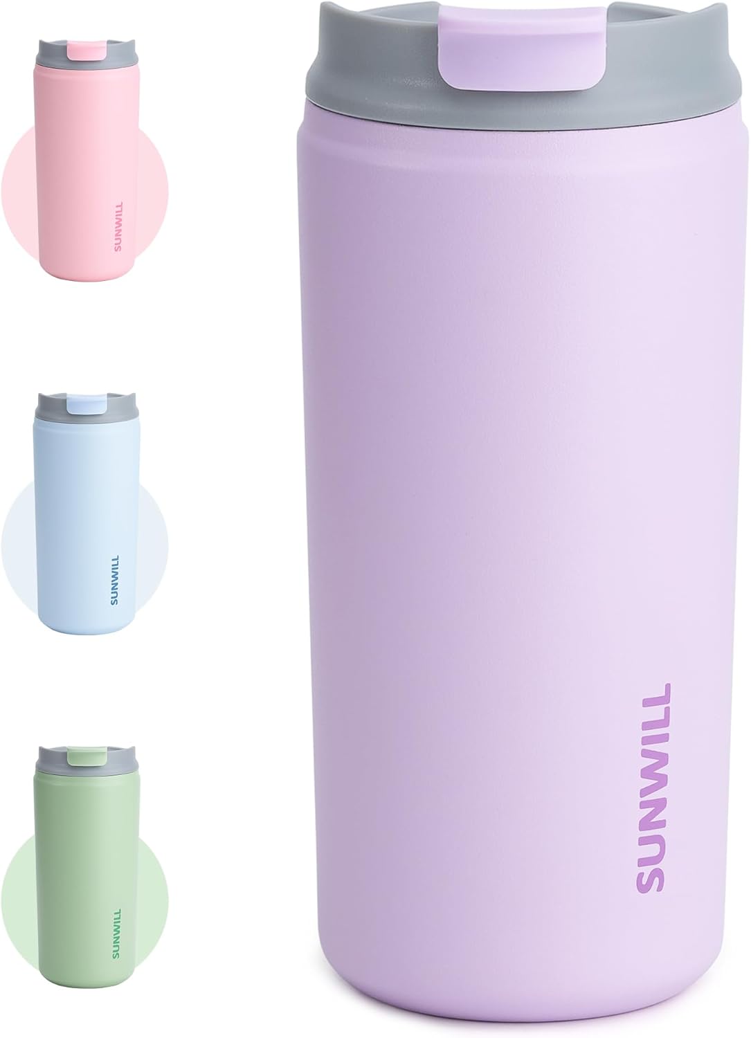 SUNWILL Travel Coffee Tumbler, Insulated Mug with Lid, Leak Proof Stainless Steel Cup 12 oz for Water, Tea, Ice, Powder Coated Lavender