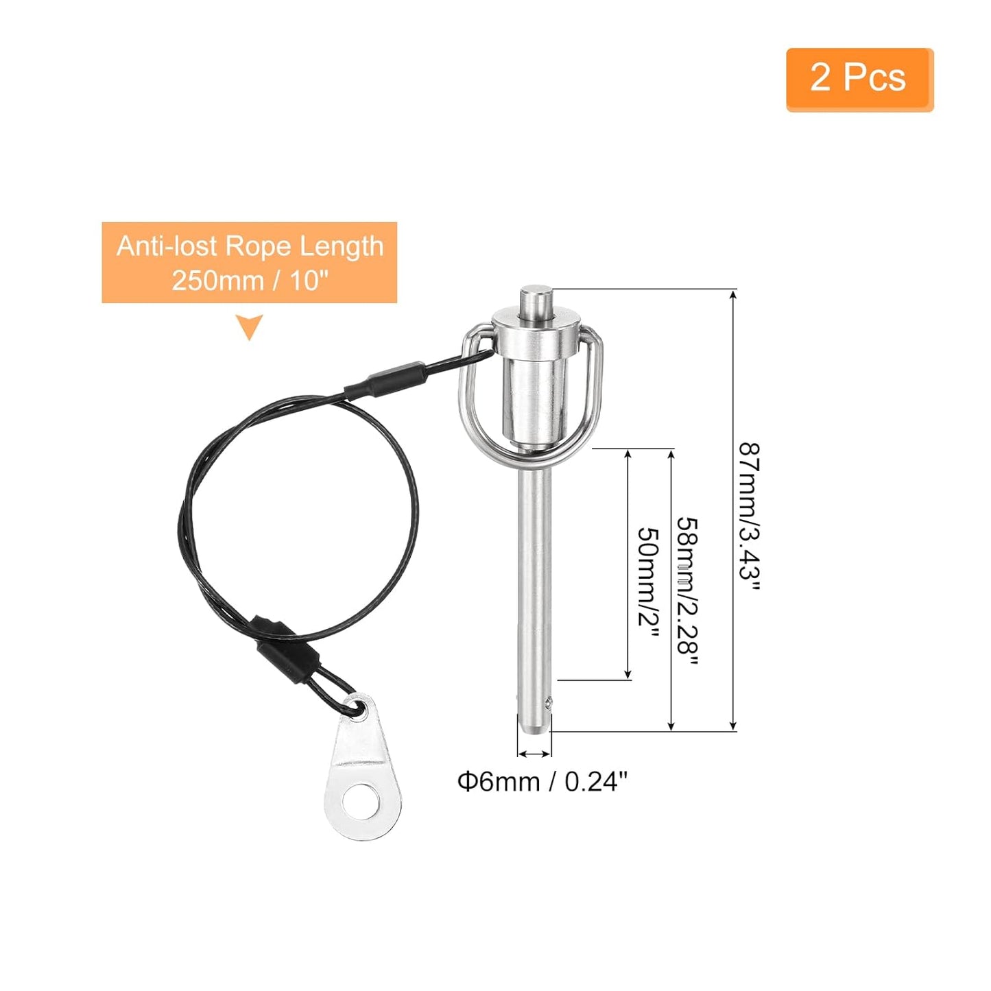uxcell 2 Pcs Quick Release Pin, 1/4" x 2"(Dia. x L) Push-Button Ball Locking Pin 304 Stainless Steel Ring Handle Locking Pin with Wire for Audio Bimini Top Marine, Silver