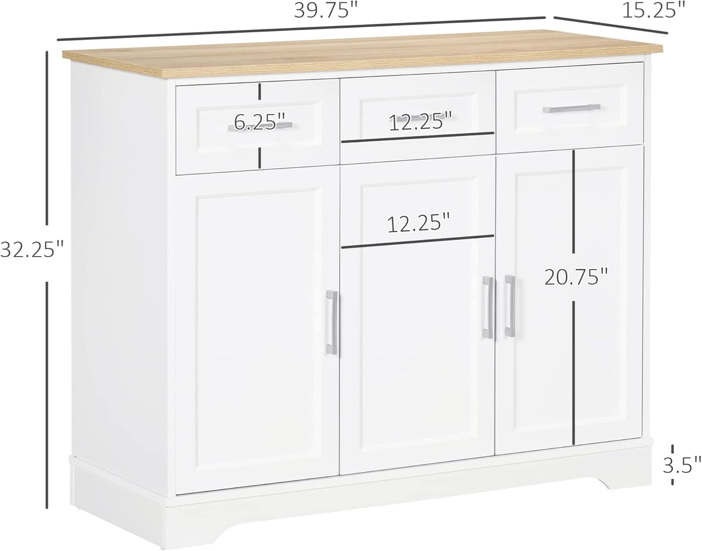 HOMCOM Sideboard Buffet Cabinet with 3 Storage Drawers, Kitchen Cabinet, Coffee Bar, with Adjustable Shelf for Living Room, White