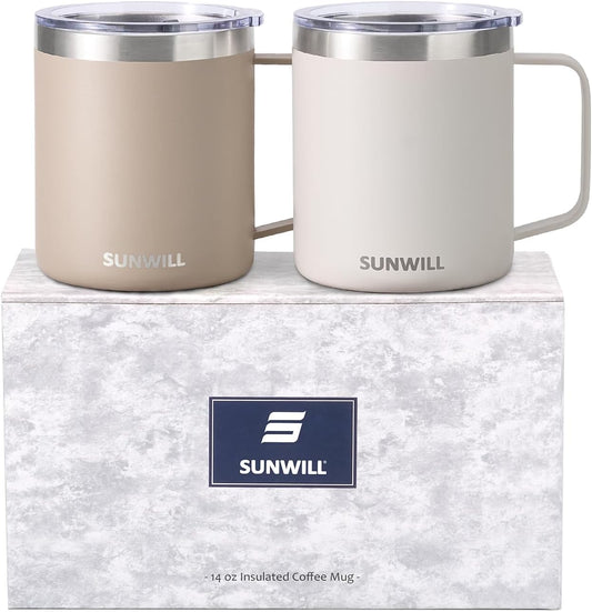 SUNWILL Travel Coffee Mug Set of 2, Insulated Tumbler with Lid, 14oz Stainless Steel Cup with Handle for Camping, Office, Home, Powder Coated Cream & Taupe