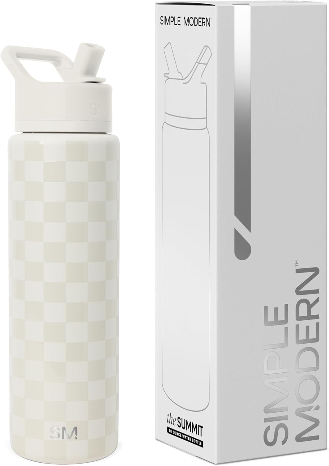 Simple Modern Water Bottle with Straw Lid | Vacuum Insulated Stainless Steel Metal Thermos | Reusable Leak Proof BPA-Free Flask for Sports Gym | Summit Collection | 30oz, Cream Checkmate