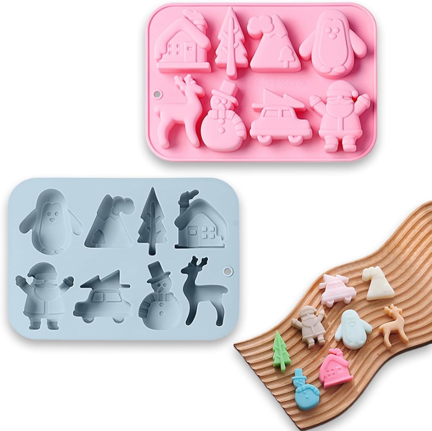 2 Pack Christmas Silicone Chocolate Molds, 3D Snowman Elk Xmas Tree Penguin Santa Claus Snowmobile Christmas Hat House Shape Candy Baking Molds for DIY Handmade Soap Mini Cakes Jello Fondant