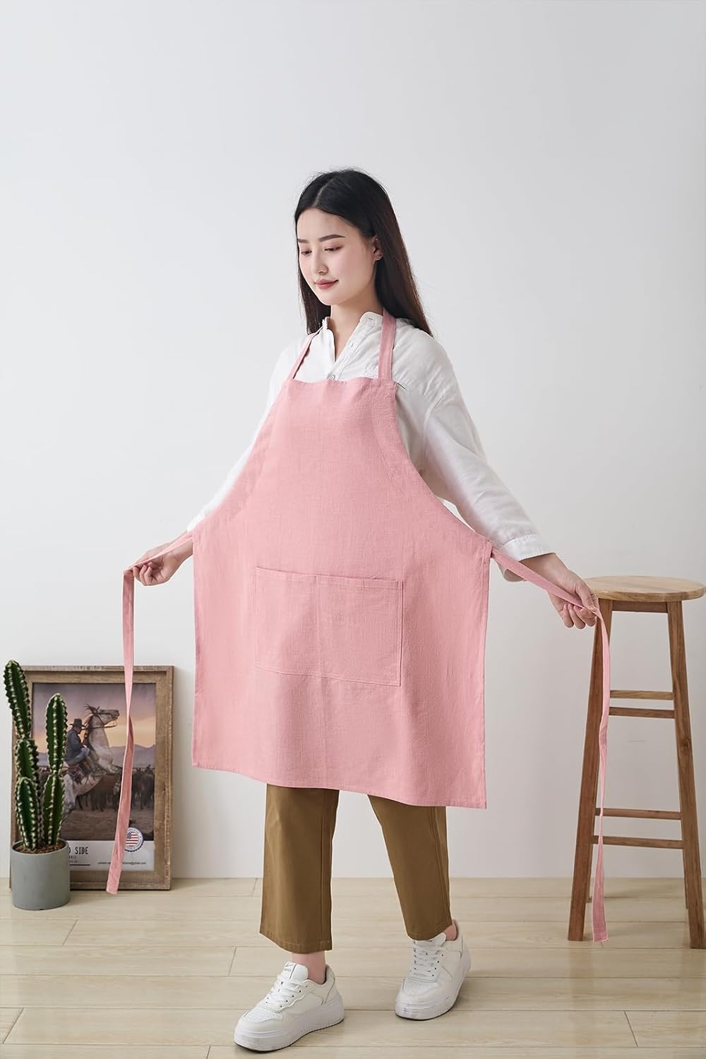 Cotton Linen Apron for Women - Adjustable Casual Apron with Pocktes, Great for Florist, Coffee House and Kitchen