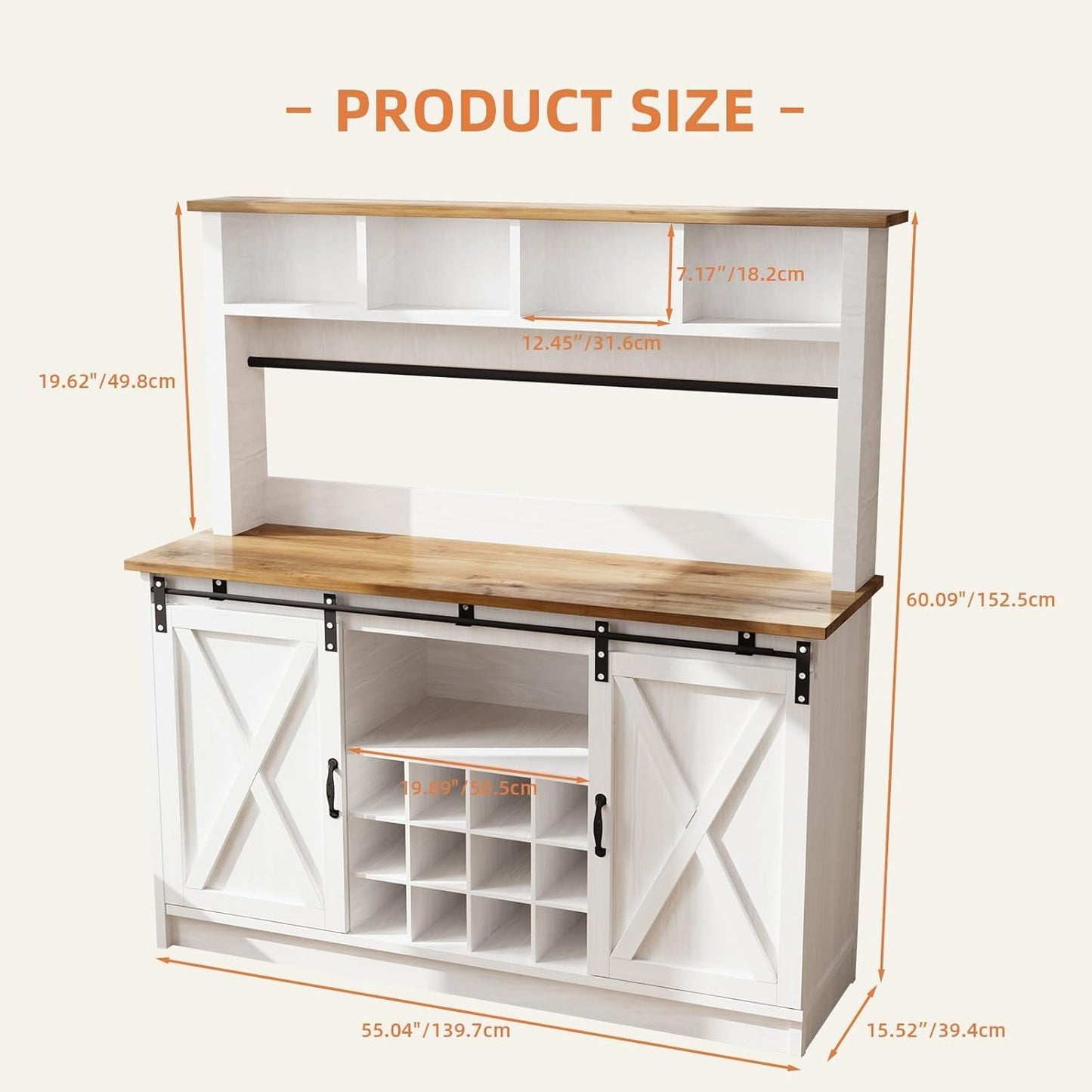 4ever2buy Farmhouse Coffee Bar Cabinet with 4 Storage Hutch, 55 Inch Wine Bar with 12 Wine Racks and 8 Hooks, Hutch Storage Cabinet with Sliding Barn Doors for Kitchen Dining Living Room, White