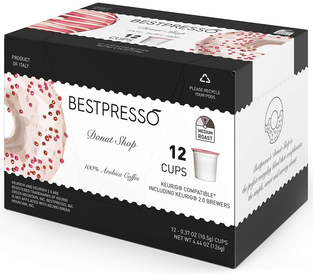 Bestpresso Coffee, Donut Shop Medium Roast Single Serve K-Cup Pods, 96 Count (Compatible With 2.0 Keurig Brewers) 8 Packs Of 12 Cups
