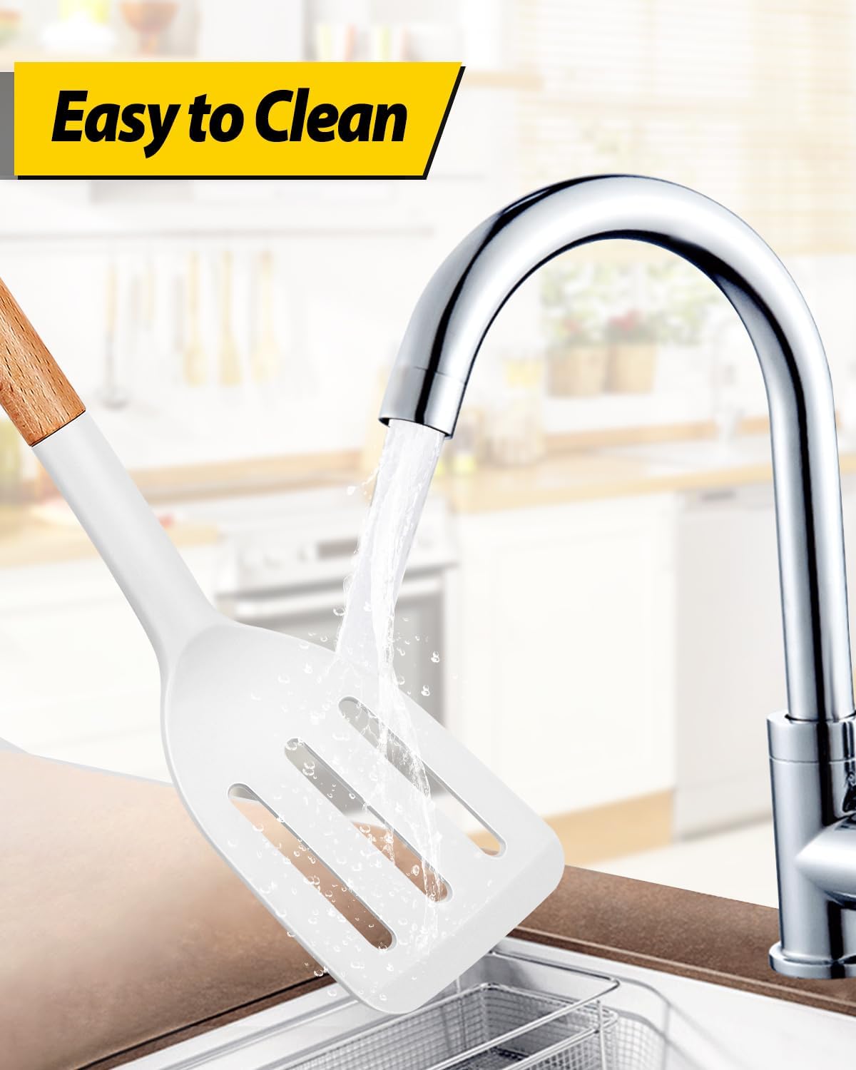 Pack of 2 Silicone Cooking Spatula, Heat Resistant Solid Turner, Non Stick Slotted Spatulas with Wooden Handle,Ideal Wood Kitchen Utensils Set for Frying, Baking, Flipping, Turning (WHITE)