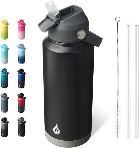 BJPKPK Water Bottle with Straw Lid, 32oz Vacuum Insulated Water Bottles, Metal Stainless Steel Thermos for Sports, Travel, BPA Free Leak Proof Thermos, Cups, Flasks, Tumblers,Black