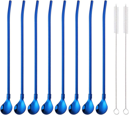 Straw Spoon, 8PCS 8.5inch Blue 18/8(304) Stainless Steel Metal Straws Reusable + 2 Brushes