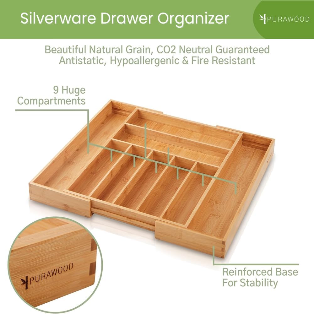 Bamboo Drawer Organizer, 2 Pack - Expandable Silverware Organizer & Utensil Drawer Organizer, Cutlery Tray with Dividers, 7-9 Slots- Premium Kitchen Organizer for Utensils & Flatware (Natural)