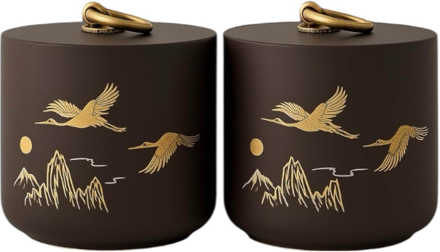 Bare & Balanced Premium Ceramic Tea Canister Set – Handcrafted Storage Jars with Airtight Lids | Crane & Mountain Design | Ideal for Tea, Coffee, Spices | Gift-Ready Box (Charcoal Brown)