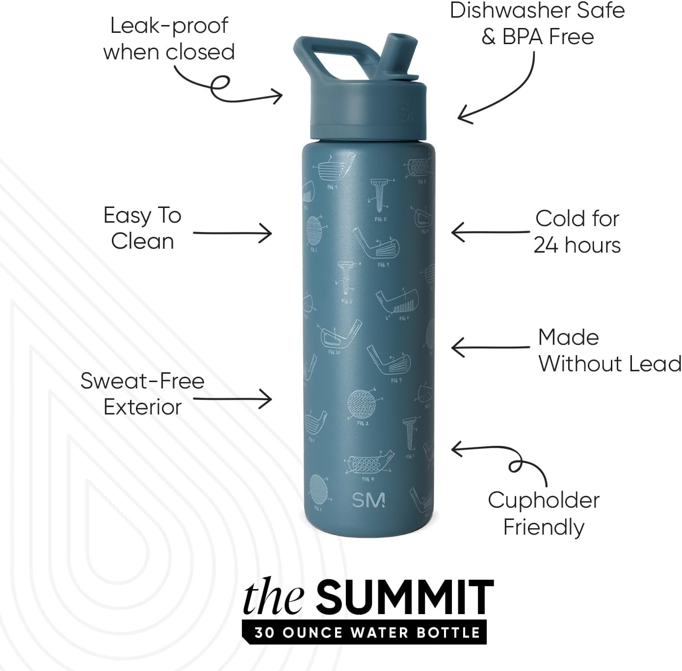Simple Modern Father's Day Summit Water Bottle with Straw Lid | Vacuum Insulated Stainless Steel Metal Thermos | Reusable Leak Proof BPA-Free Flask for Sports Gym | 30oz, Golf Schematics