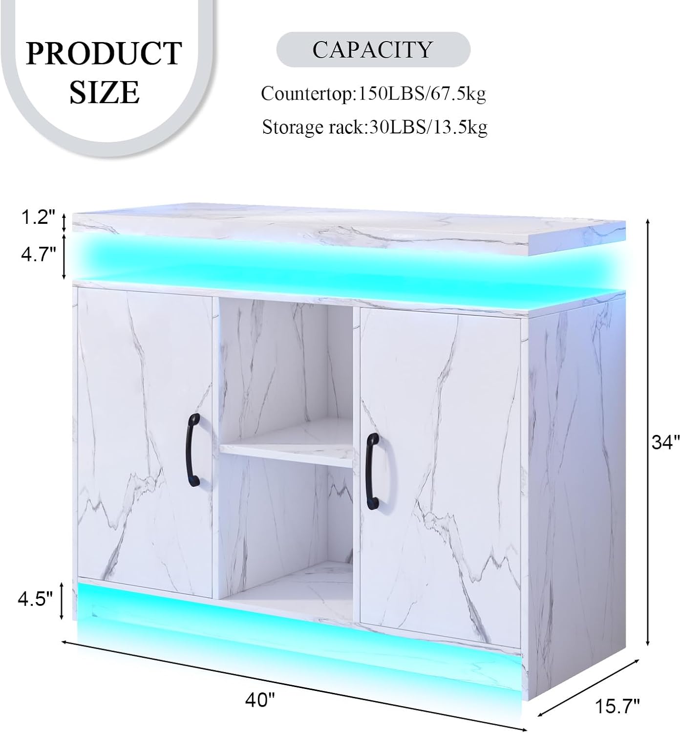4 EVER WINNER Marble Buffet Cabinet with Storage, Modern Coffee Bar with LED Lights and Charge Station, Sideboard Buffet Cabinets with Adjustable Shelves for Kitchen,Dining Room
