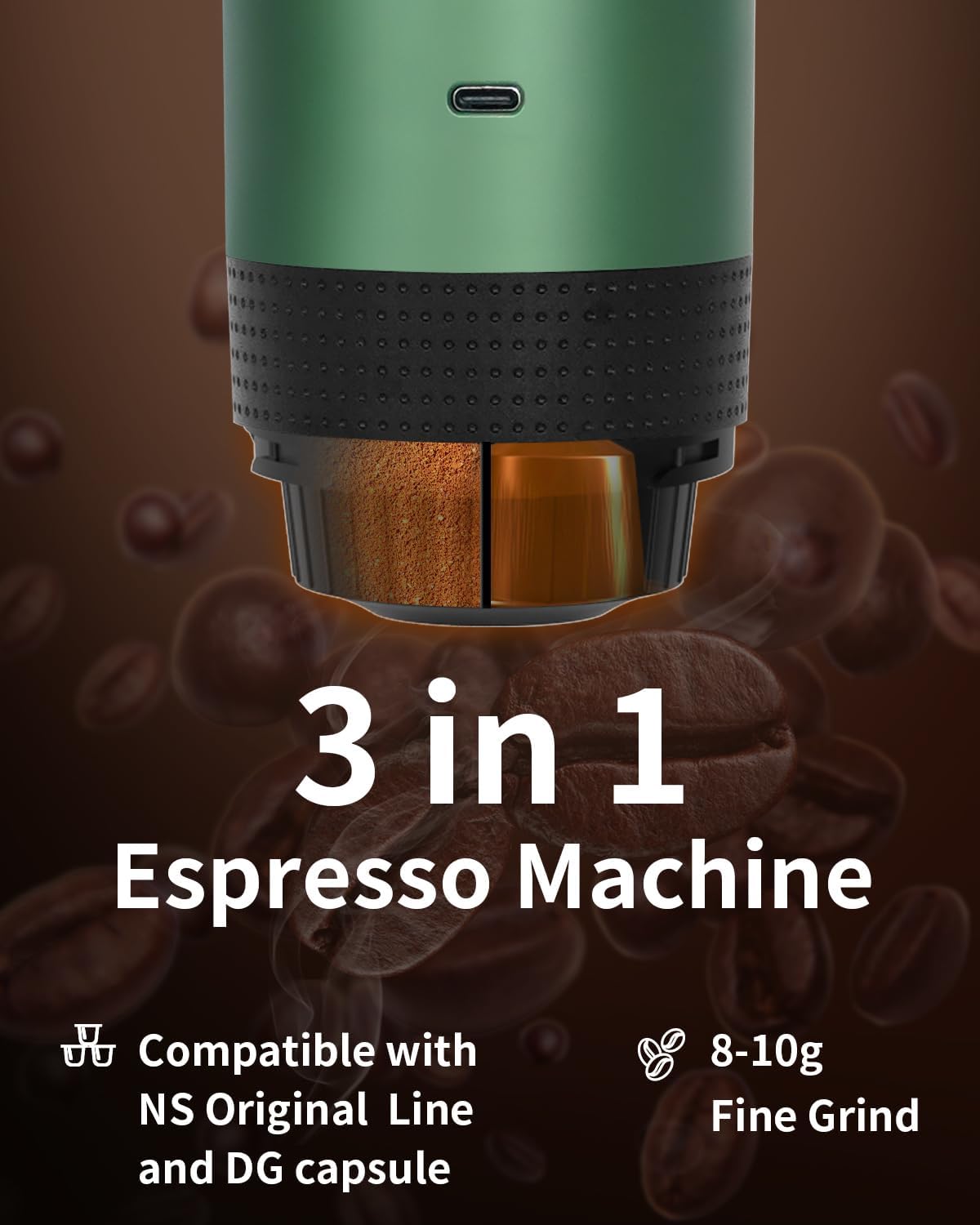 Portable Electric Espresso Machine, Travel Coffee Maker Brewer Compatible with Ground Coffee & NS Capsules (Green with LCD Screen)