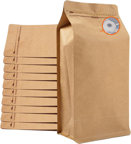 Coffee Bags with Valve (50 PCS,16oz/1lb) Kraft Paper High Barrier Aluminum Foil Flat Bottom Standing Coffee Beans Storage Packaging Bags,Reusable Heat Seal Side Zipper Pouches for Small Business&Home