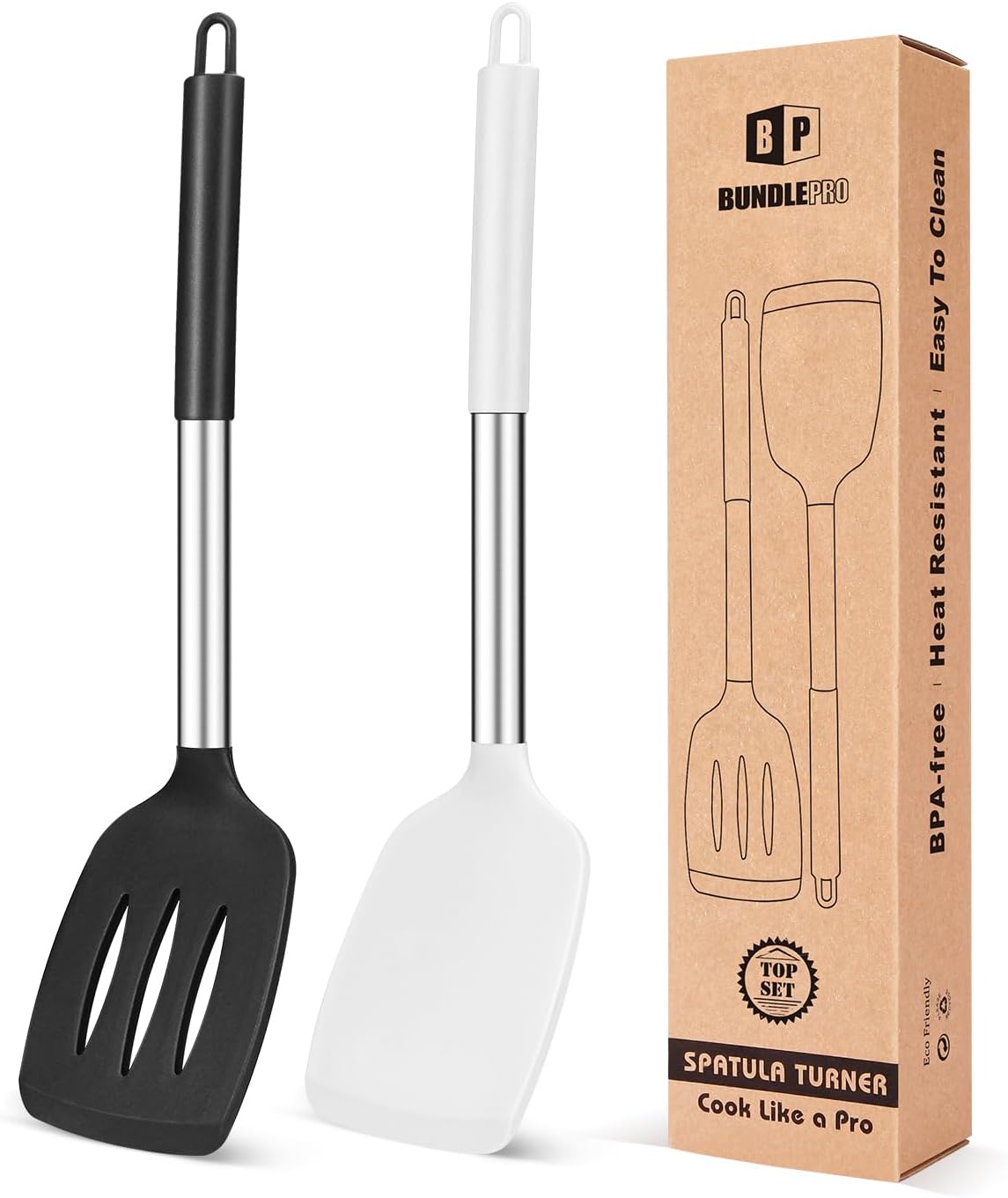 Pack of 2 Silicone Solid Turner, Non Stick Slotted Kitchen Spatulas, High Heat Resistant BPA Free Cooking Utensils, Ideal Cookware for Fish, Eggs, Pancakes(Black-White)