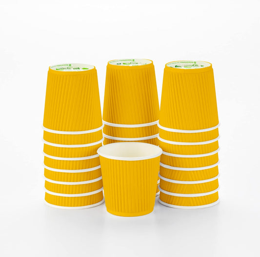 Restaurantware 4 Ounce Ripple Insulated Coffee Cups, 500 Double Wall Corrugated Tumblers, Leakproof, Non-Slip Yellow Paper Design, Recyclable, Ribbed Surface, Matching Lids Sold Separately