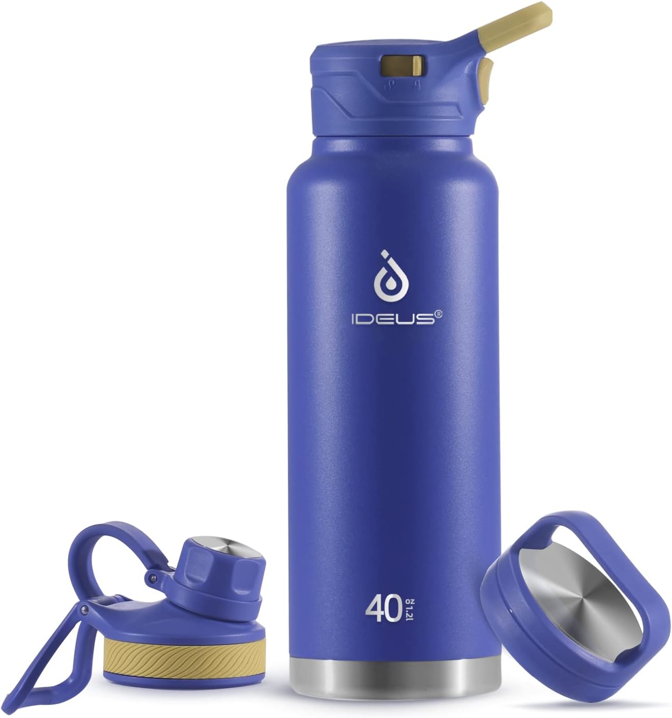 IDEUS Insulated Stainless Steel Water Bottle with 2 Leak-Proof Lids, Thermal Water Flask for Hiking Biking, 40oz, Purple
