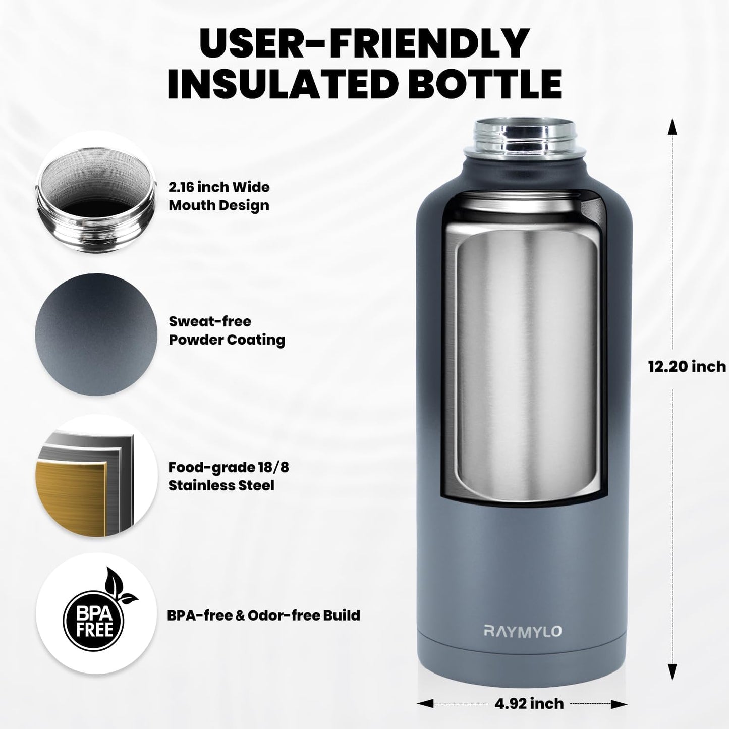 Insulated Water Bottle 87 oz, Triple Wall Vacuum Stainless Steel (Cold for 48 Hrs), Leak Proof & Non-BPA, Modern Water Flask Jug with Paracord Handle & Straw Spout Lids, Dark Grey