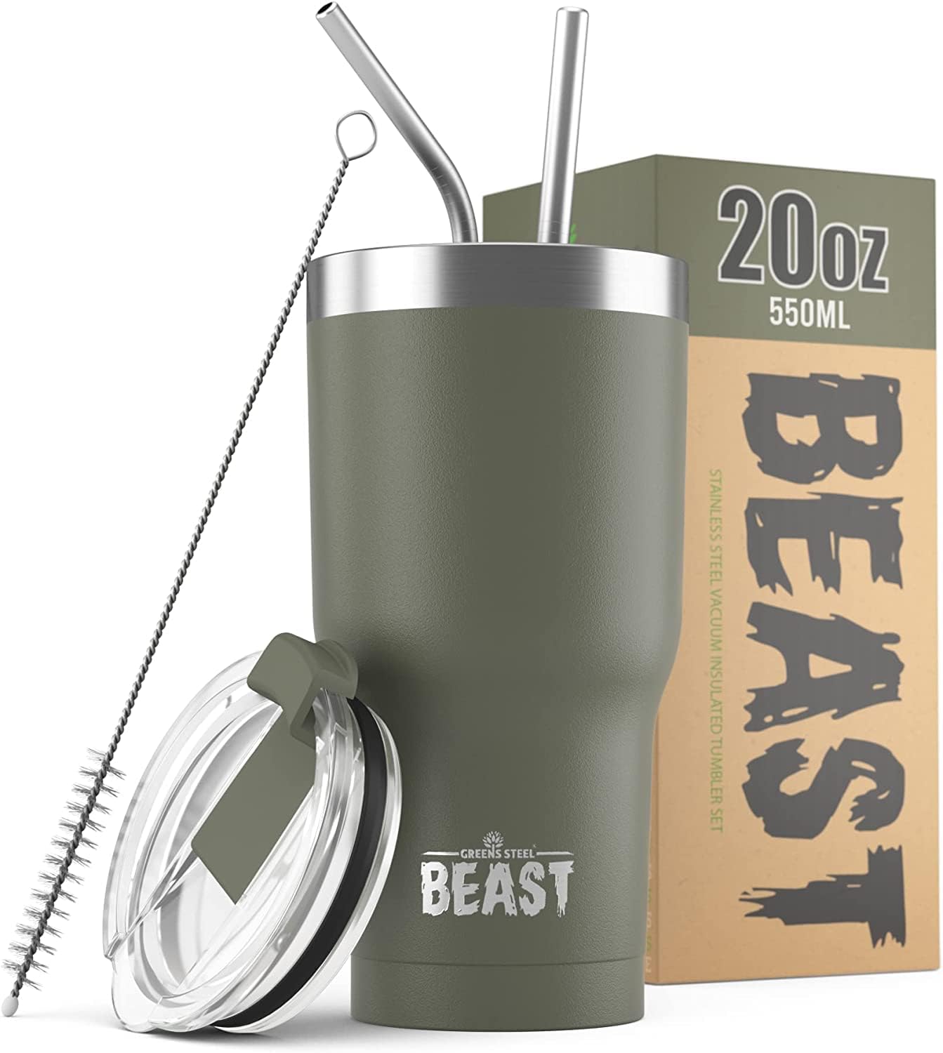 Beast 20 oz Tumbler Stainless Steel Vacuum Insulated Coffee Ice Cup Double Wall Travel Flask (Army Green)