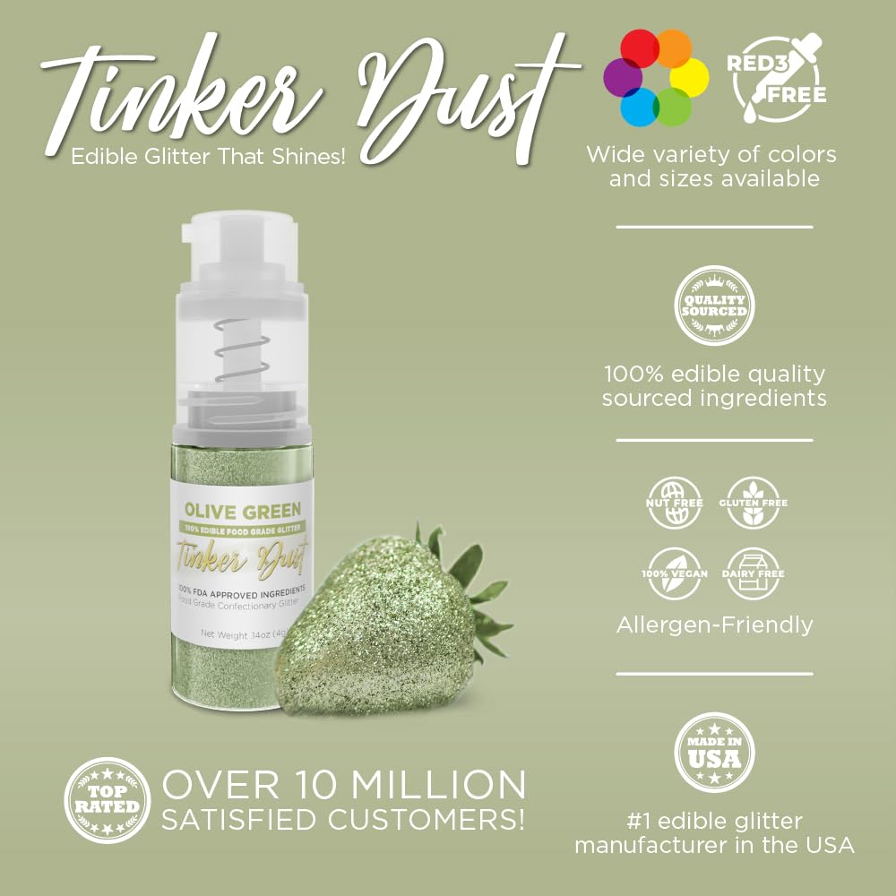 Bakell - Olive Green Tinker Dust (4g, 1x Mini Spray Pump) Edible Glitter for Food, Desserts, and Beverages!