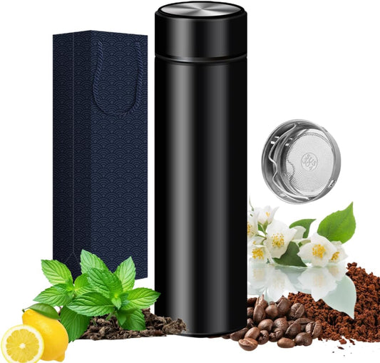 Insulated Water Bottles- Vacuum Tumbler for Coffee, Tea and Drinks with Stainless Steel Infuser - 15 oz Tea Thermo Travel Bottle/Keeps Drinks Hot or Cold for Hours/Gift Packing(Black)