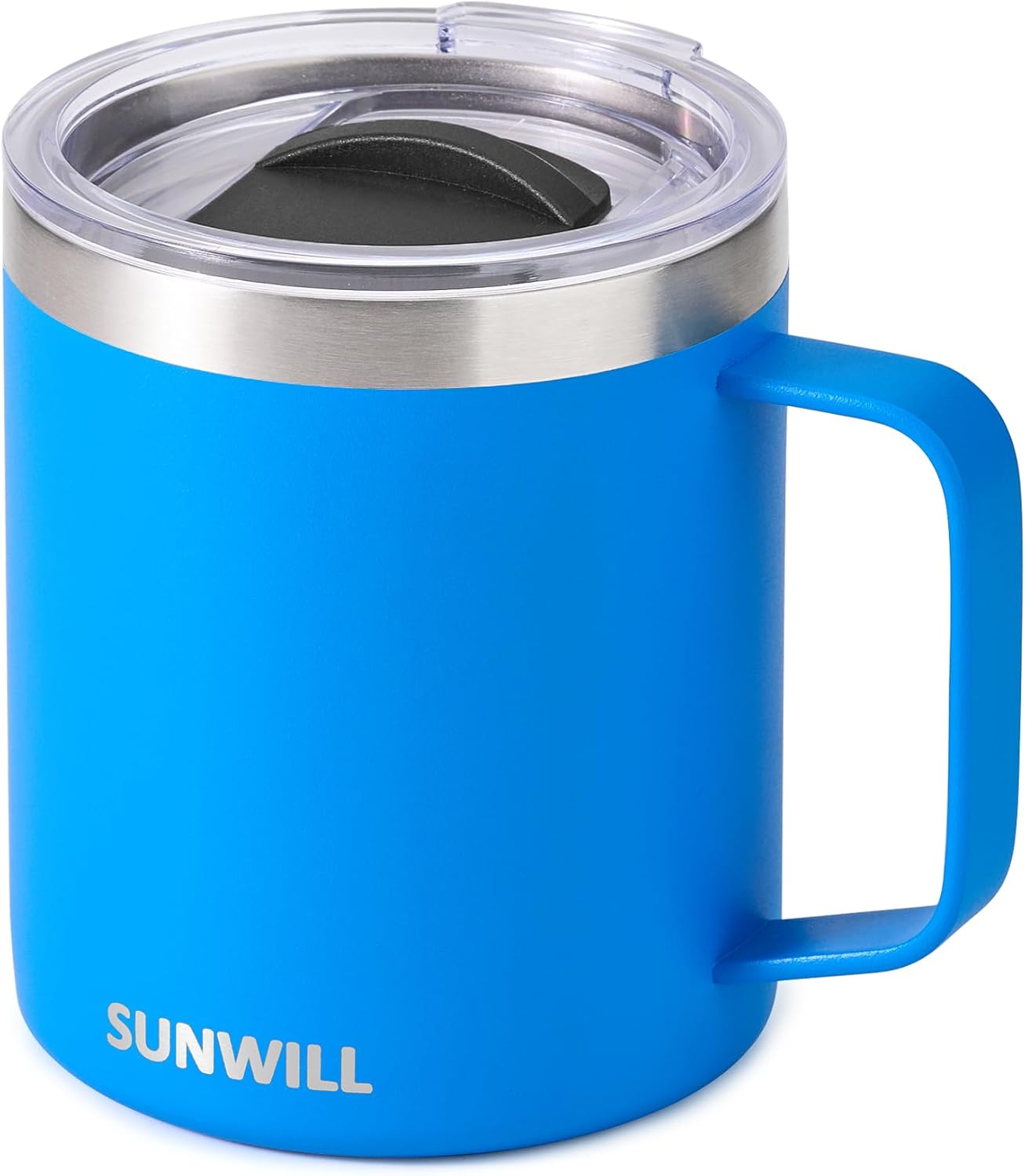 SUNWILL Insulated Coffee Mug with Lid, Travel Tumbler with Handle, 14 oz Stainless Steel Cup for Camping, Office, Home, Powder Coated Royal Blue