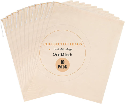 10 Pack Nut Milk Bag, 12‘’ x 14‘’ Fine Mesh Grade Reusable Cheesecloth Bags Strainers, Unbleached Organic Cotton Filter Bags for Almond Milk, Juices, ColdBrew, Cheese, Tea, Yogurt, Coffee