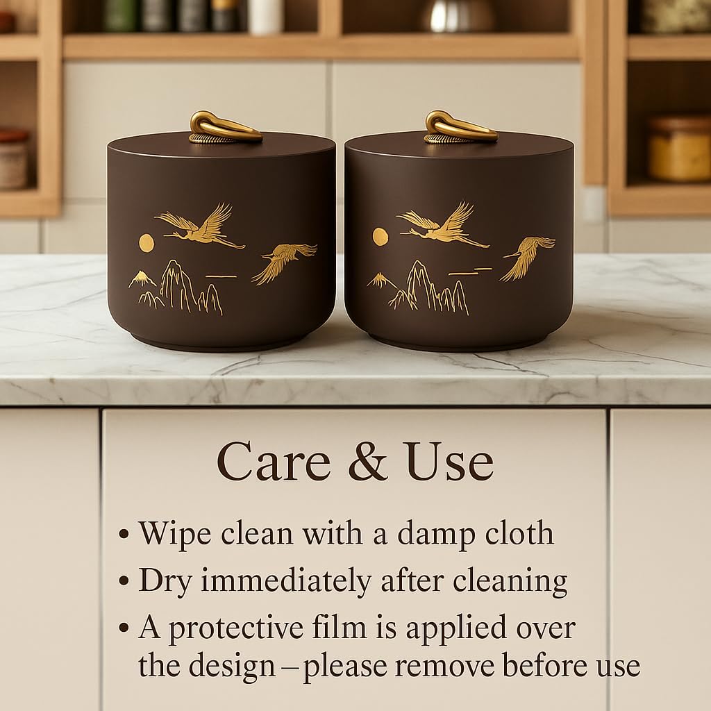 Bare & Balanced Premium Ceramic Tea Canister Set – Handcrafted Storage Jars with Airtight Lids | Crane & Mountain Design | Ideal for Tea, Coffee, Spices | Gift-Ready Box (Charcoal Brown)