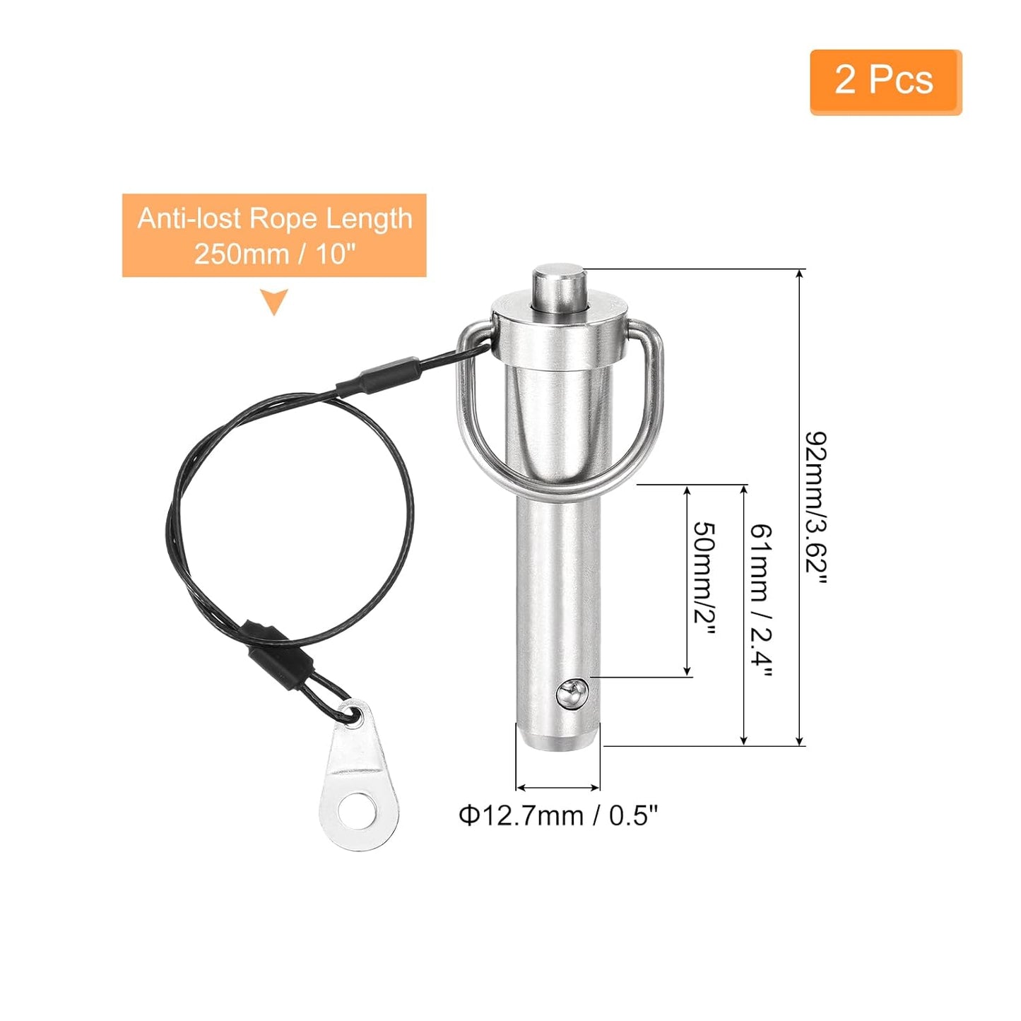 uxcell 2 Pcs Quick Release Pin, 1/2" x 2"(Dia. x L) Push-Button Ball Locking Pin 304 Stainless Steel Ring Handle Locking Pin with Wire for Audio Bimini Top Marine, Silver