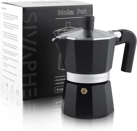 Sivaphe Aluminum Moka Pot 3 Espresso Cups, Percolator Espresso and Coffee Maker, Portable Stovetop Italian and Cuban Café Brewer for Home and Camping Black