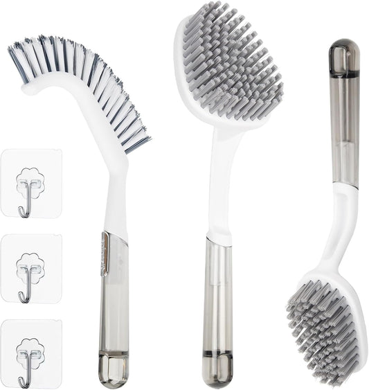 3 Pack Scrub Brush Set – Heavy-Duty Scrub Brushes for Cleaning with Handle, Cleaning Brush with Stiff Bristles, Shower Scrubber for Bathroom, Bathtub, Kitchen, Tile, Floor, Grout, Sink & Carpet